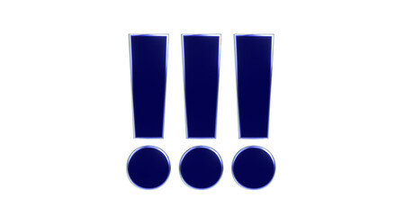 drei blaue exklusive plakative 3D-Ausrufezeichen, Achtung Zeichen, Schrift,  metallisch, edel, Security, Achtung, Warnung, Abmahnung, Hinweis, Rendering, Freisteller, Alphakanal