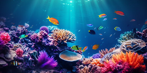 Beautiful sea deep or ocean underwater with coral reef as a background