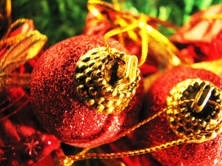 Christmas New Year decoration with glittering colorful balls and gifts