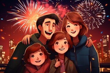 a family celebrates new year in the city with fireworks in the background, anime style illustration