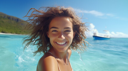 Naklejka premium Close up portrait of happy young woman in bikini playing in water and making splash on summer vacation holiday