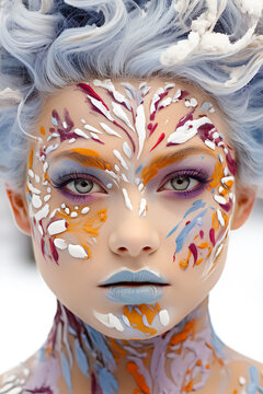 Close-up of a beautiful young woman with brightly painted face and skin and silver gray hair. Artistic face painting and makeup. Vertical fashion photo