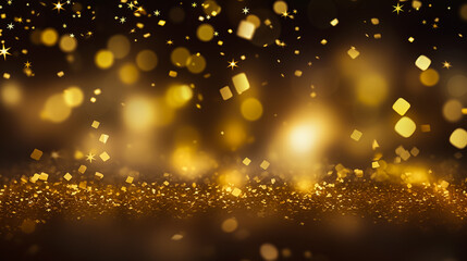 Fototapeta na wymiar Christmas and New Year festive background. Golden stars and pieces of foil on dark blurred bokeh background with copy space for text. The concept of Christmas and New Year holidays