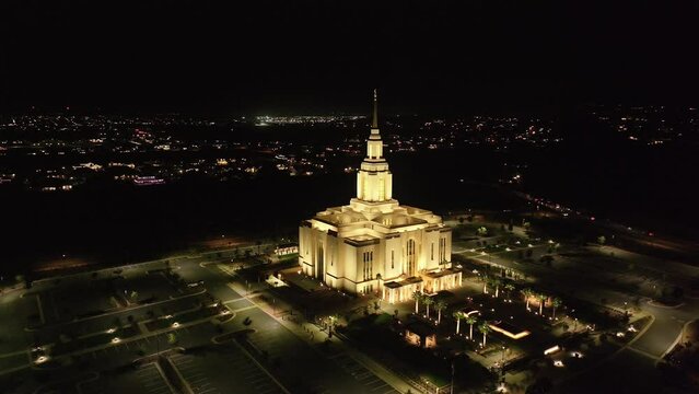 Aerial LDS Red Cliff Temple St George Utah night circle. Red Cliff Temple, The Church of Jesus Christ of Latter-day Saints, LDS or Mormon religion. Eternal family ordnances. Beautiful sacred building.