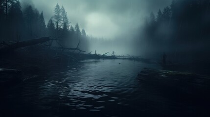 misty landscape of a forest at a lake with fog in the morning hours.  - obrazy, fototapety, plakaty