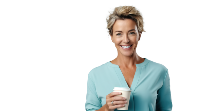 mid age woman smile hold coffee cup
 portrait of a person with a mobile phone - Powered by Adobe