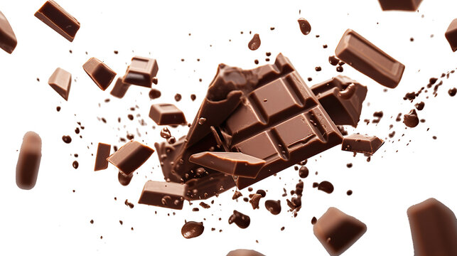 Milk chocolate pieces falling chocolate and coffee