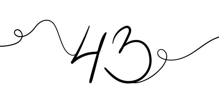 Number 43 line art drawing on white background. Anniversary 43th birthday continuous drawing contour. Minimal vector illustration