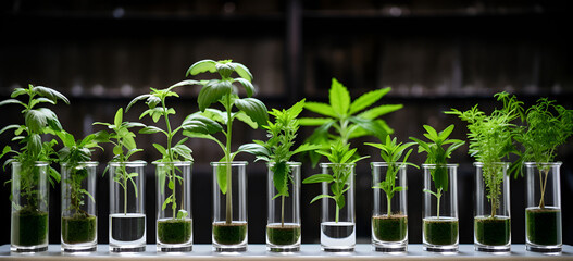 Green fresh plant in glass test tube in laboratory.