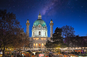 Christmas market on Karlsplatz in Vienna at night