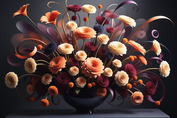 
Beautiful bouquet with summer flowers,there are many flowers in a vase on a table,3d rendering flowers blossom floral bouquet decoration,
Romantic floral composition.generative ai