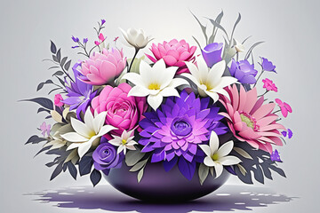 
Beautiful bouquet with summer flowers,there are many flowers in a vase on a table,3d rendering flowers blossom floral bouquet decoration,
Romantic floral composition.generative ai