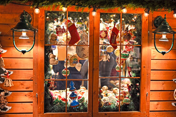 Window with christmas decoration at night