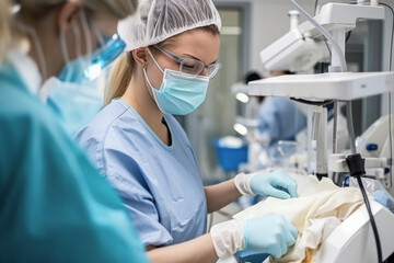 Doctors working in the laboratory or operating room of a modern hospital or clinic with all the instruments