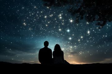 Fototapeta na wymiar A couple stargazing under a sky filled with twinkling stars, representing the vastness of their love, creativity with copy space
