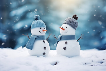 Obraz premium A couple engaged in a friendly snowman-building competition, capturing the playfulness of love, creativity with copy space
