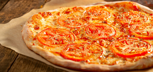 Tasty fresh baked vegetarian pizza with tomatoes, mozzarella cheese and oregano.