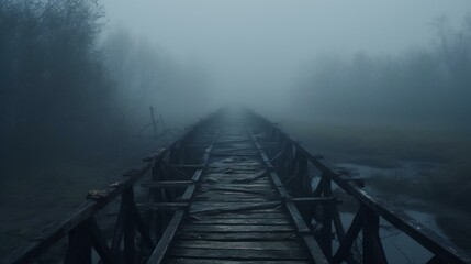 Scary old ruined wooden bridge in foggy blurred forest background - obrazy, fototapety, plakaty