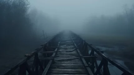 Poster Scary old ruined wooden bridge in foggy blurred forest background © PixelWitch