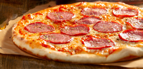 Tasty fresh baked pizza with salami and spices.