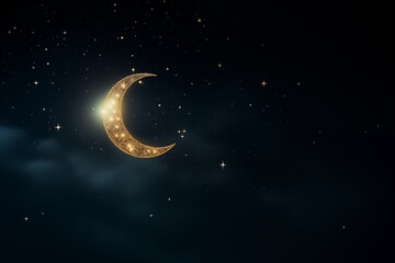 A stunning crescent moon against the night sky, marking the beginning of Ramadan, creativity with copy space