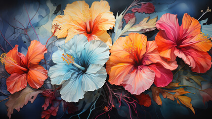 An Artistic Representation of the Hibiscus Flower in a Mesmerizing Batik Style Oil Painting on Canvas