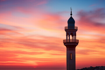 A beautiful mosque minaret against a colorful sunset, portraying the call to prayer, creativity with copy space