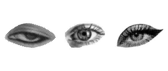 Set of halftone diferent female eyes. Dots texture. Contemporary style
