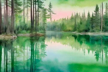 Landscape of forest reflecting on a glassy lake, Forest with glassy lake painting