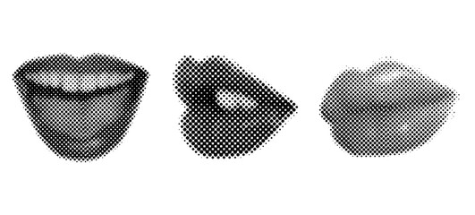 Set of Halftone Female mouths in different poses. Dots texture. Contemporary style