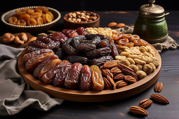 A creative display of dates, nuts, and dried fruits, illustrating the variety of Iftar treats, creativity with copy space