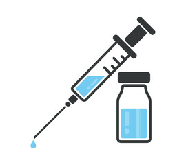 Vaccine vial and syringe. A syringe filled with vaccine or the contents inside. Vaccine vial and syringe. Syringe vector icon isolated on white background