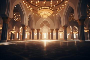 Obraz premium A stunning image of a serene mosque interior with elegant lighting, invoking the feeling of peace and serenity, creativity with copy space