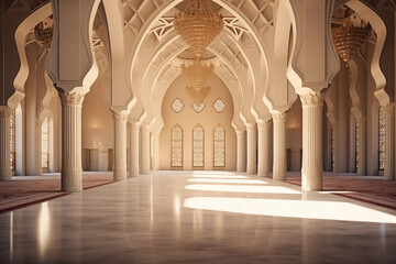 A stunning image of a serene mosque interior with elegant lighting, invoking the feeling of peace and serenity, creativity with copy space