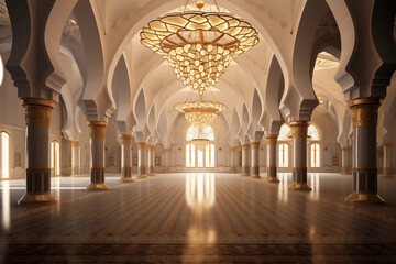 Fototapeta premium A stunning image of a serene mosque interior with elegant lighting, invoking the feeling of peace and serenity, creativity with copy space