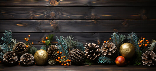 Flat lay Christmas decor background on wooden table