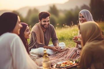 A group of friends enjoying a delightful Iftar picnic in a scenic outdoor setting, capturing the essence of togetherness, creativity with copy space