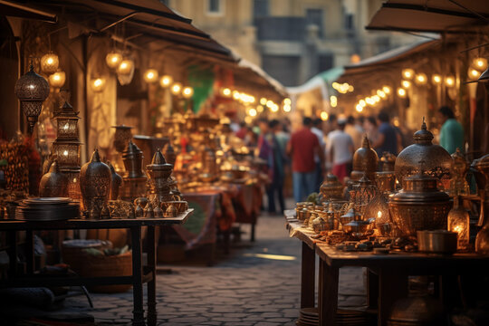 A captivating image of a bustling Ramadan bazaar, showcasing the vibrant atmosphere and cultural diversity, creativity with copy space