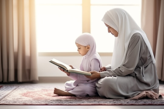 A mother teaching her child to read the Quran, passing on the values and traditions of Ramadan, creativity with copy space