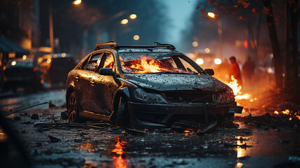 car crash on the road as a result burning on the street