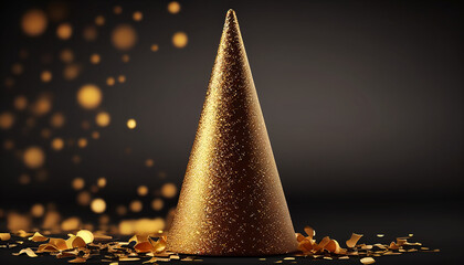 a dark bokeh background with a golden cone and golden confetti