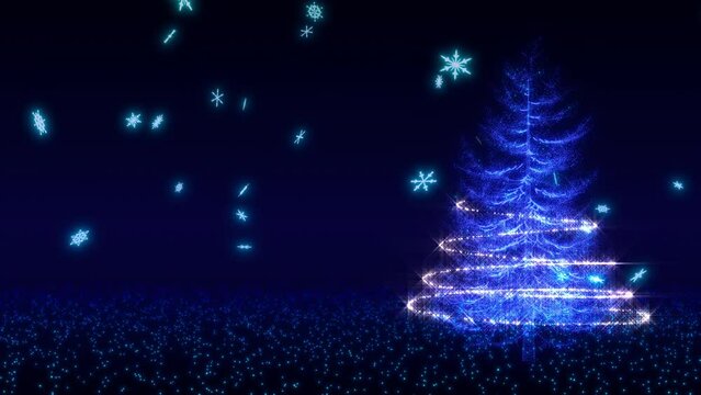 聖夜に舞う雪と光の粒子が煌めくクリスマスツリーのモーションイメージ / 3Dレンダリング / A motion image of snow falling on a holy night and a Christmas tree sparkling with light particles.
