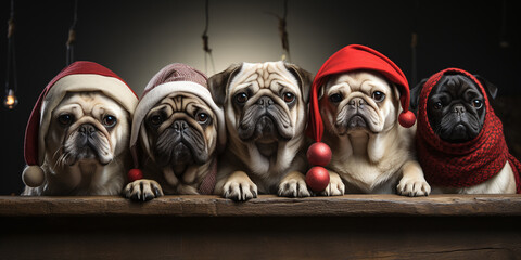  funny cute pugs wearing christmas and winter hats  - obrazy, fototapety, plakaty