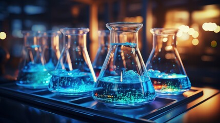 Close-up of blue glass flasks standing in row. Scientific chemistry research. Laboratory backdrop. Generative AI