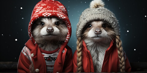 funny cute animals wearing winter hats  - obrazy, fototapety, plakaty