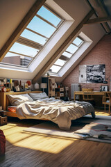 Generative AI illustration of bedroom in an attic with recycled furniture