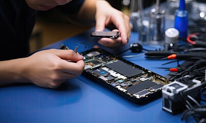 Factory Worker Focused on Smartphone Assembly Line
