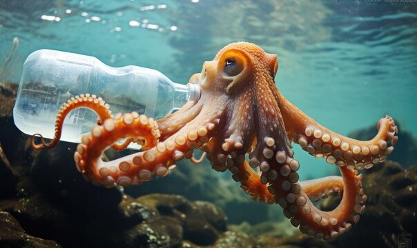 A Curious Octopus Captivatingly Engaged With Ocean Debris