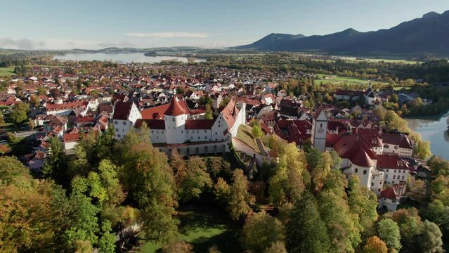 The drone aerial footage of Fussen town, and the High Castle, Hohes Schloss, Bavaria, Germany. F&uuml;ssen is a town in Bavaria, Germany, in the district of Ostallg&auml;u.