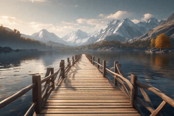 Obraz premium Beautiful empty wooden bridge over a lake with mountains, trees and a blue sky, generative ai 